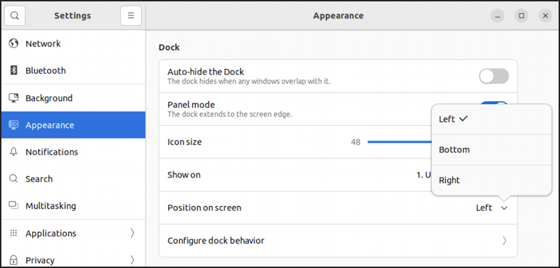ubuntu linux gnome dock taskbar - settings appearance