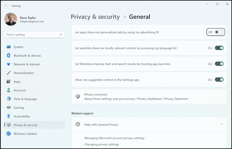 microsoft windows 11 win11 privacy account security - privacy & security > general