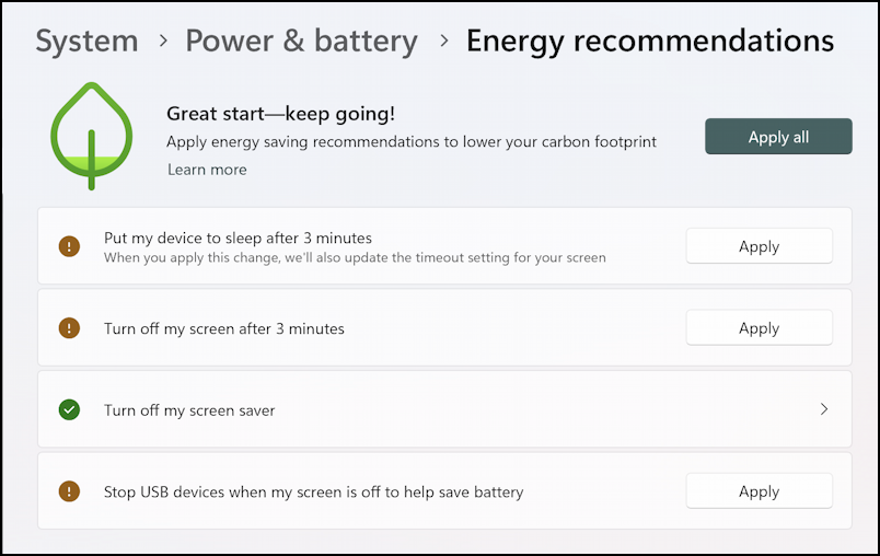 win11 energy settings sleep lock - energy recommendations