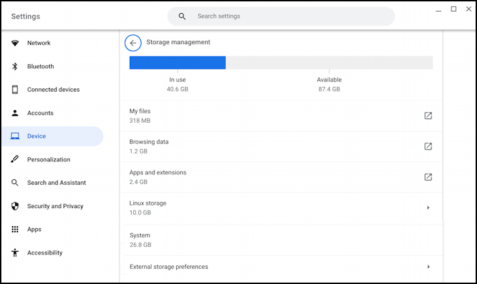 chromeos chromebook disk space - settings devices available 
