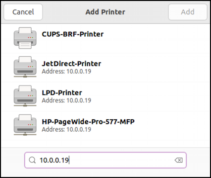 linux add network printer - printers listed with ip address