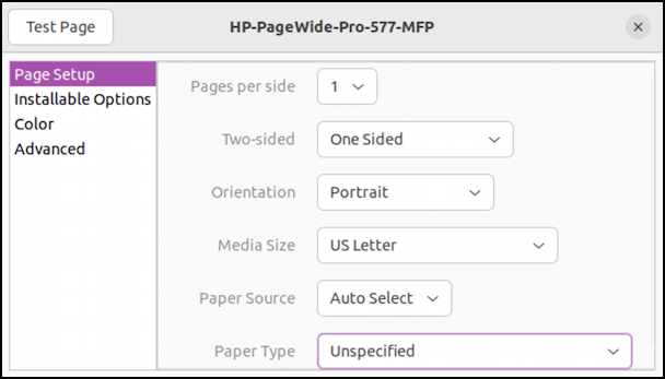 linux add network printer - printing options