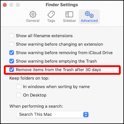 mac macos auto empty trash - finder settings preferences