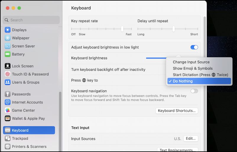 mac macos settings keyboard - fn globe key options