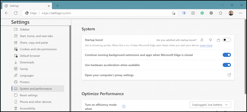microsoft edge windows 11 settings - performance