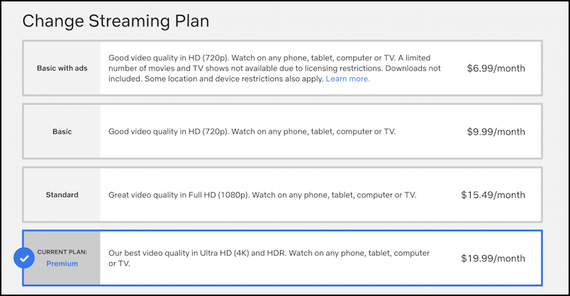 primary netflix account options prices usa