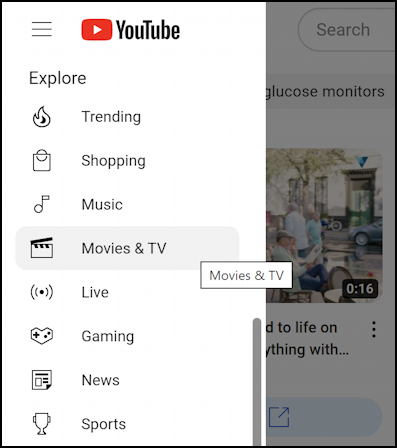 movies & tv menu item youtube