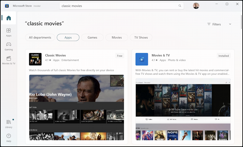 windows microsoft store search 'classic movies'