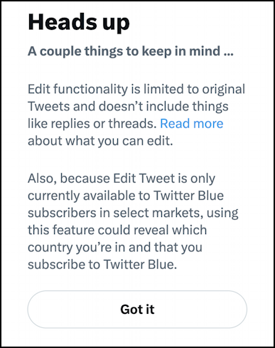 twitter blue edit tweet after posting - warning about editing tweet