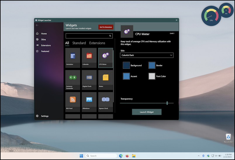 win11 widget launcher - desktop with cpu meter