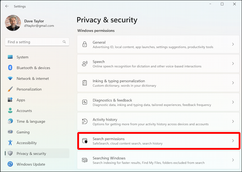 windows 11 taskbar search box highlights - privacy and security 