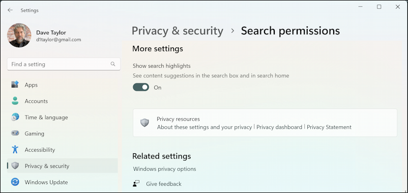 windows 11 taskbar search box highlights - privacy security search permissions highlights on off