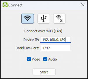windows 11 pc android webcam - droidcam client - entered ip address