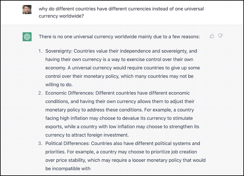 chatgpt response to query about global currency