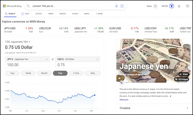 bing search - convert yen to usd
