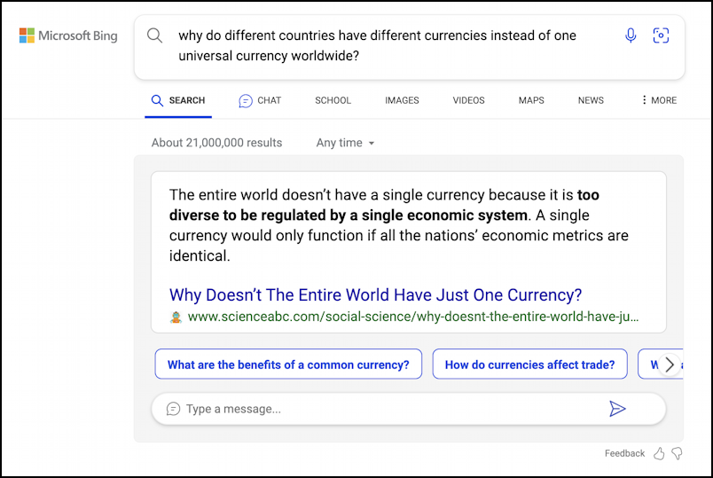 bing search - response to currency universality query
