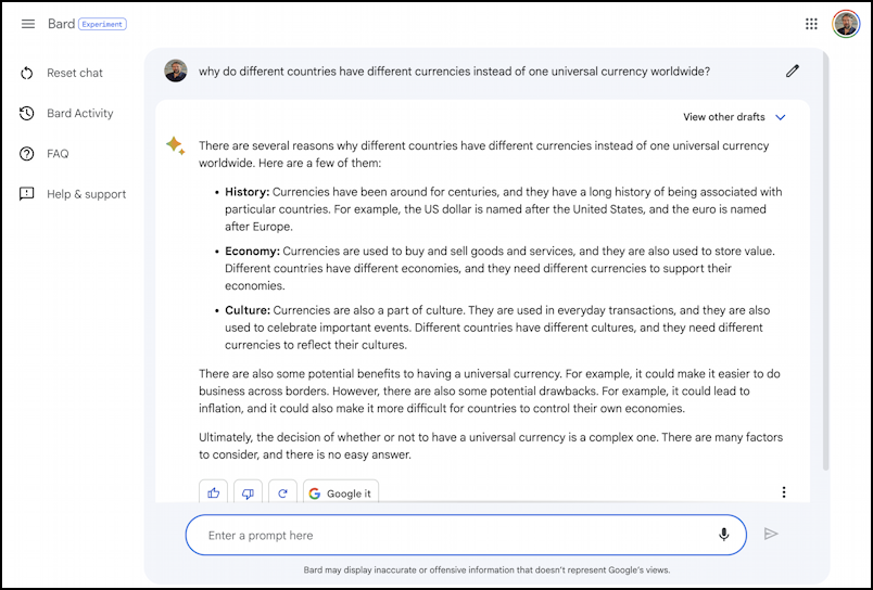 google bard ai response to query about global currency