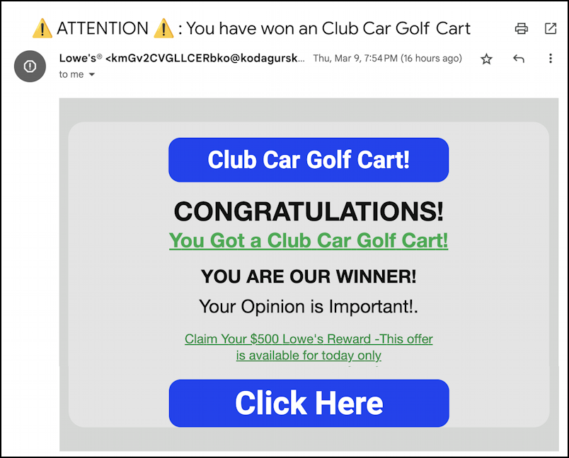 lowes golf cart scam email - the message
