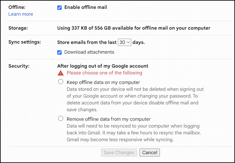 gmail enable offline use - offline mode settings and preferences