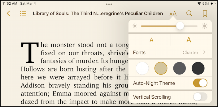 ios ipados books app apple ebook reader - font size, spacing, background color
