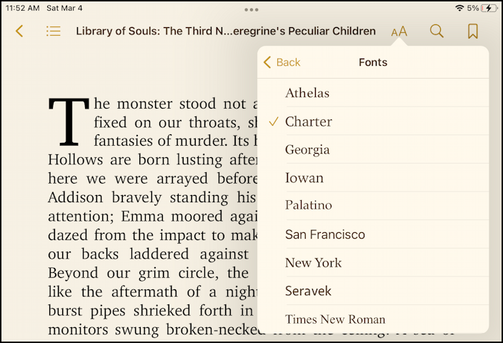 ios ipados books app apple ebook reader - choice of fonts