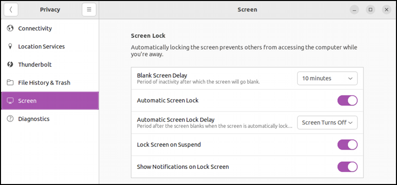 ubuntu linux settings - privacy > screen