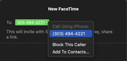 mac facetime originate make phone calls - call using iphone block add to contacts