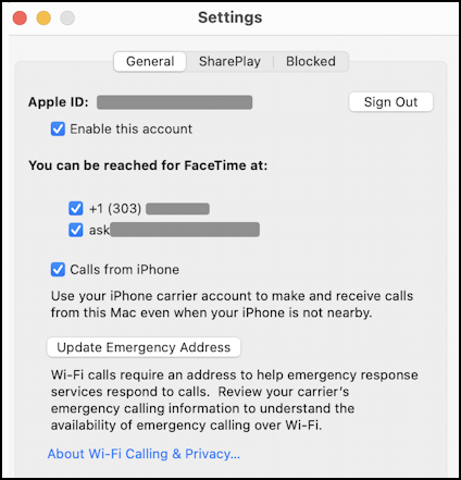 mac facetime originate make phone calls - facetime settings 1