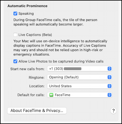 mac facetime originate make phone calls - facetime settings 2