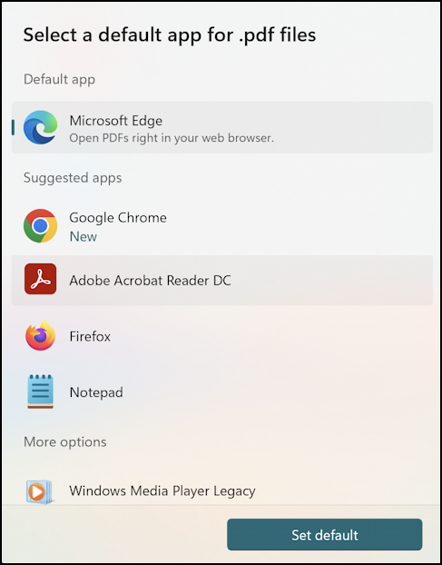 win11 pc default pdf reader app - open with list of PDF apps default