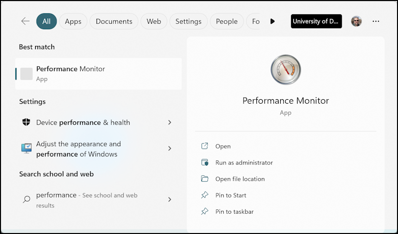 windows 11 task performance activity monitor - search for performance