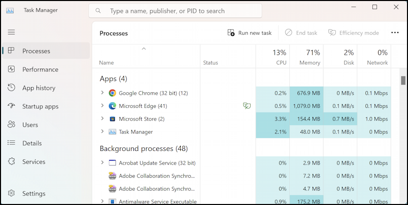 windows 11 task performance activity monitor - task manager main view