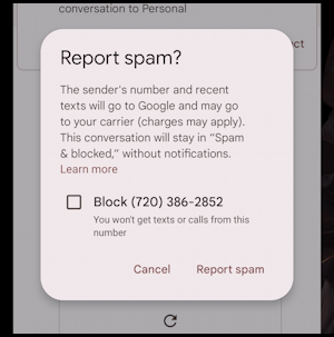 android text message bubble notification - report sms text as spam?