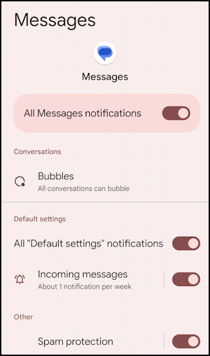 android text message bubble notification - settings > apps > messages > notifications