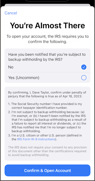 apple card - sign up for savings account - signing up: IRS backup withholding?