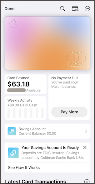 apple card - screen that includes savings account