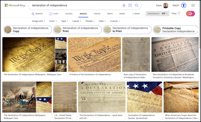 bing image search - declaration of independence