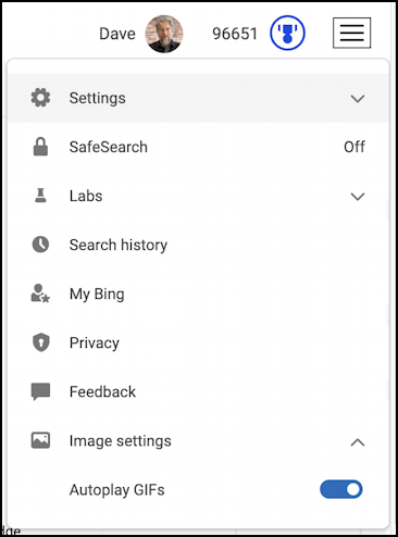 bing image search - menu