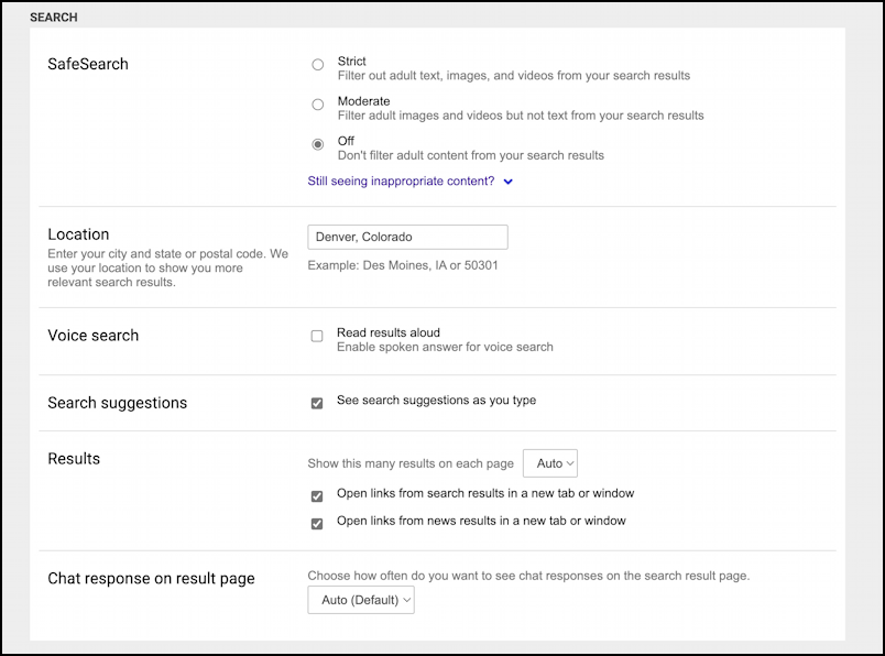 bing image search - main settings window - defaults