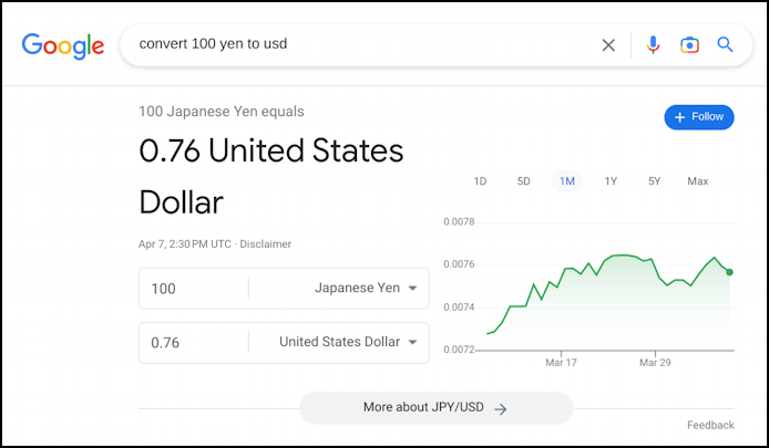 google convert 100 yen to usd