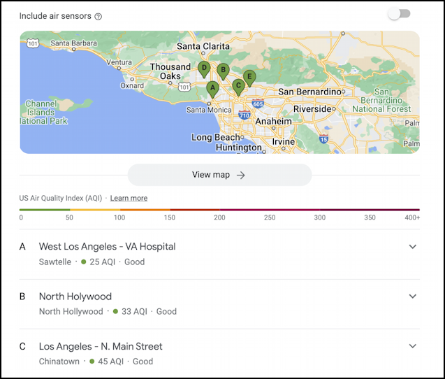 google search results - air quality los angeles
