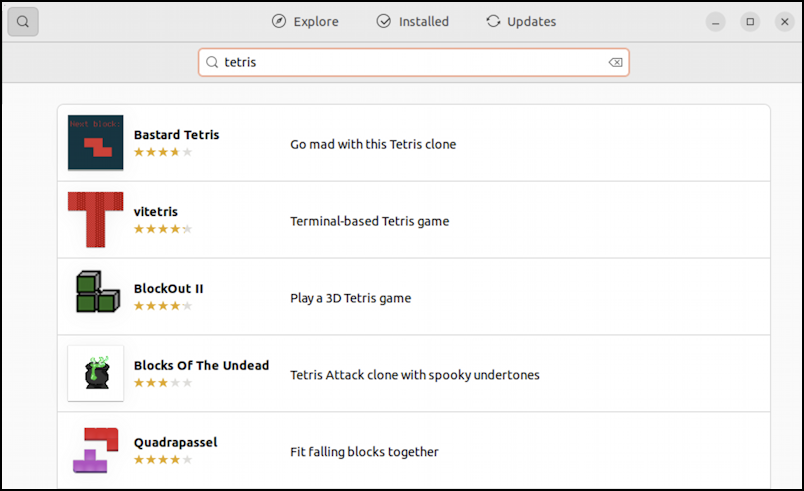 ubuntu linux tetris game - snap store search tetris