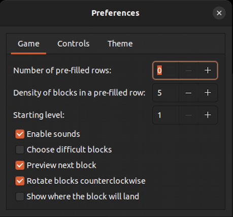 ubuntu linux tetris game - quadrepassel - settings options preferences