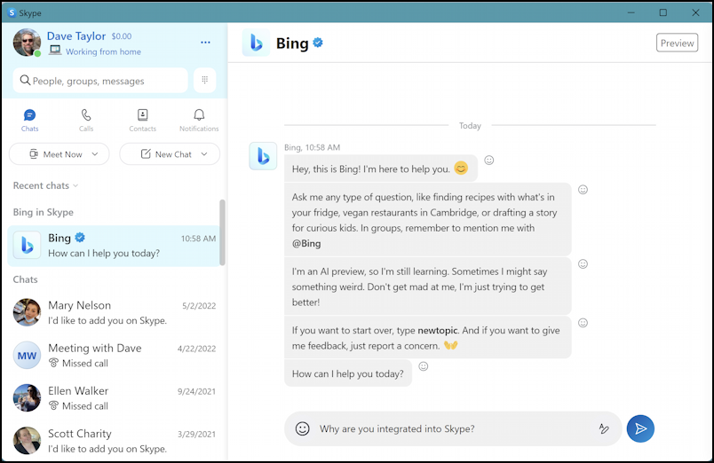 microsoft skype with bing ai - chatting with bing ai