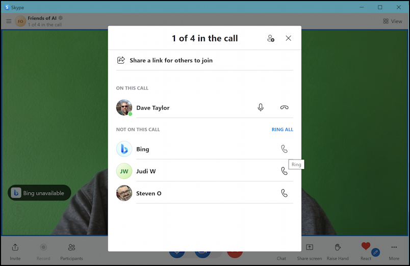 microsoft skype with bing ai - who is in group team meeting 