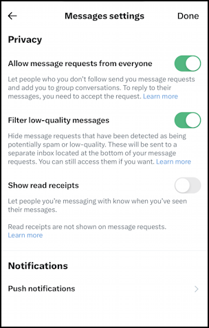 twitter hidden dm messages - privacy settings preferences