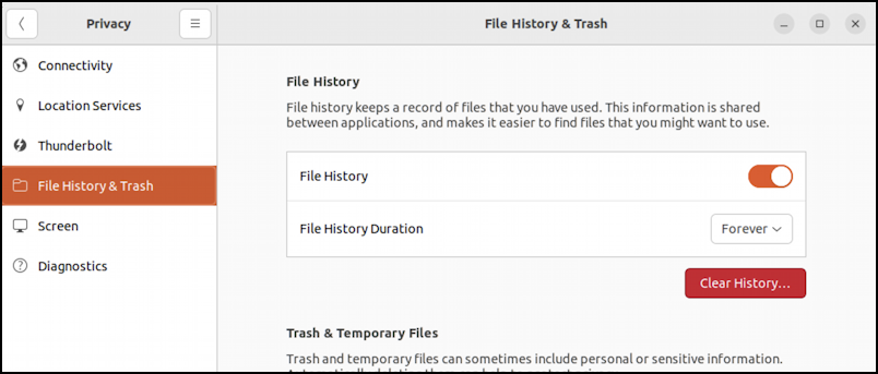 ubuntu linux - file history temporary files - settings > privacy