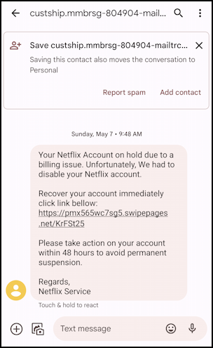 android spam text message from netflix - full sms text message