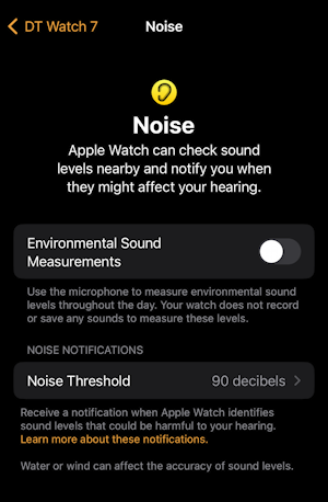 apple watch noise monitor - iphone watch app - noise settings