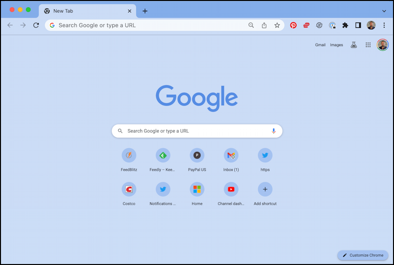 customize google chrome theme colors - new tab with customize chrome button